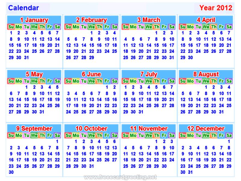 calendar 2012