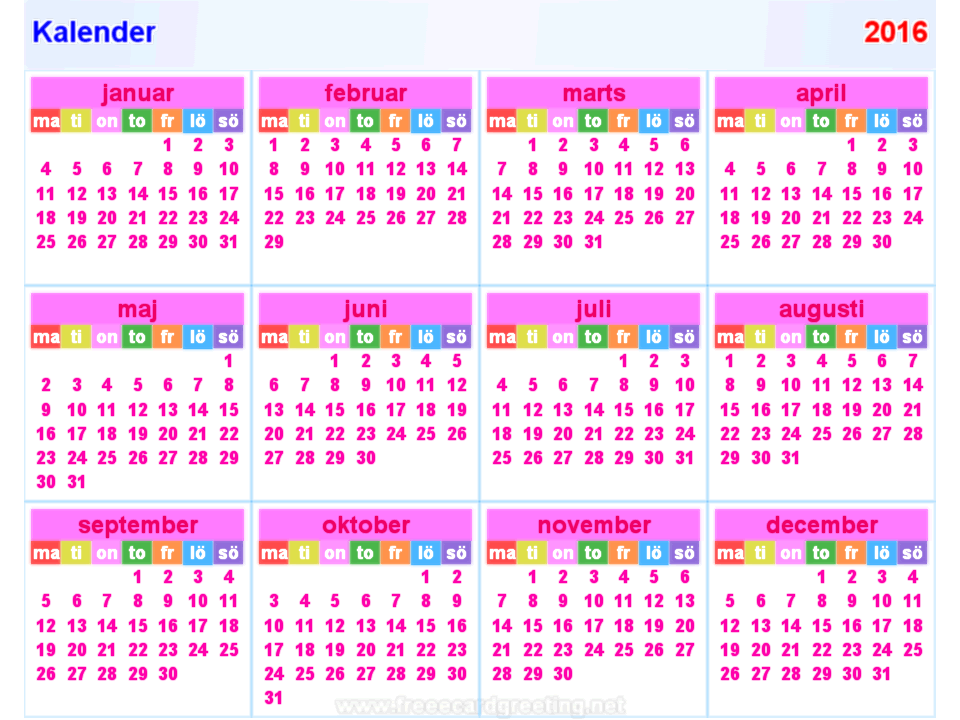 Kalender 2016 horizontaal