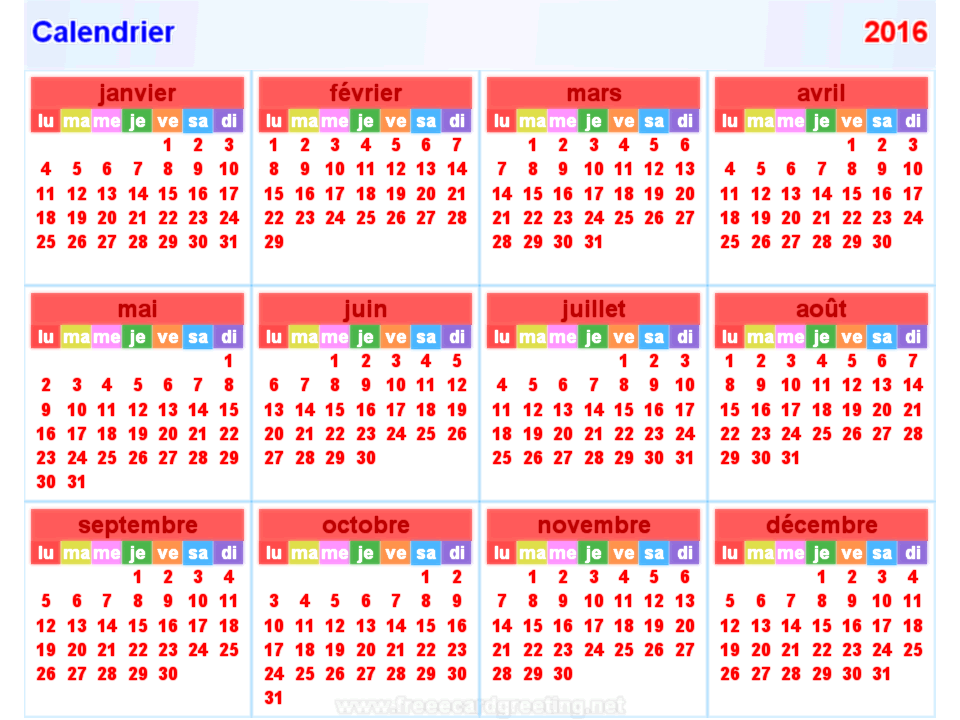 Calendrier 2016 horizontal
