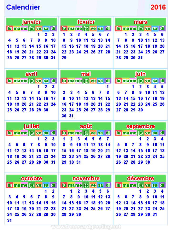 Calendrier 2016 Vertical
