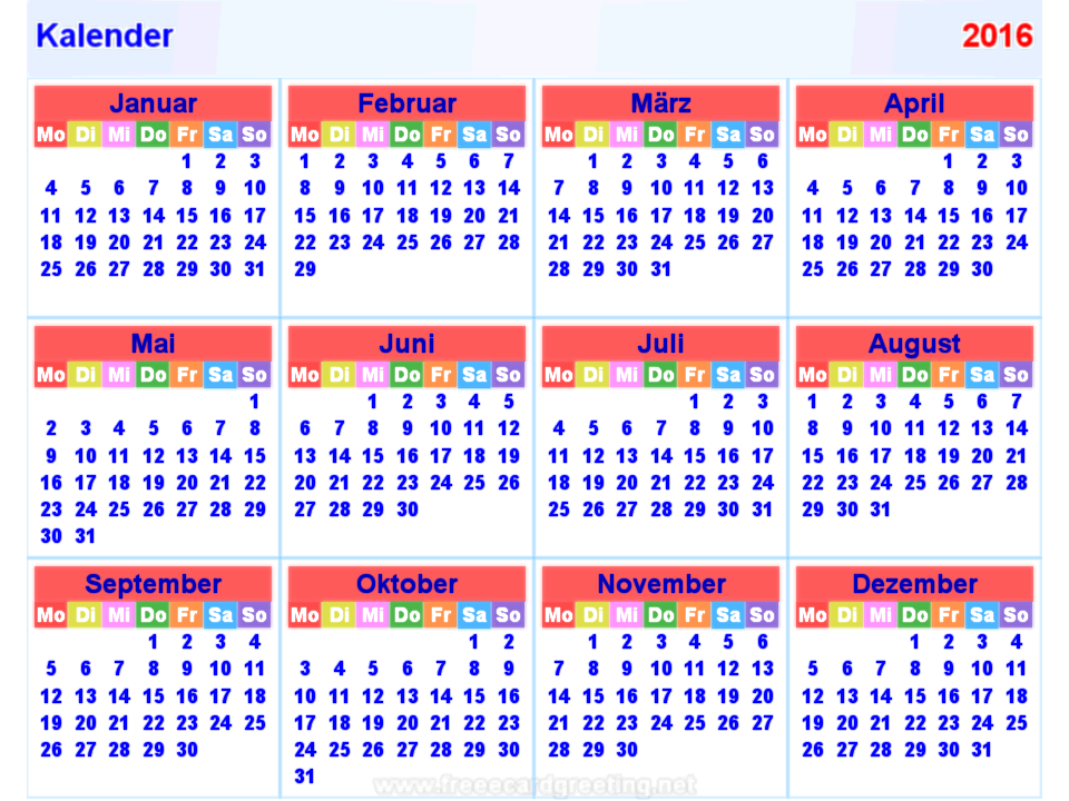 Kalender 2016 horizontal