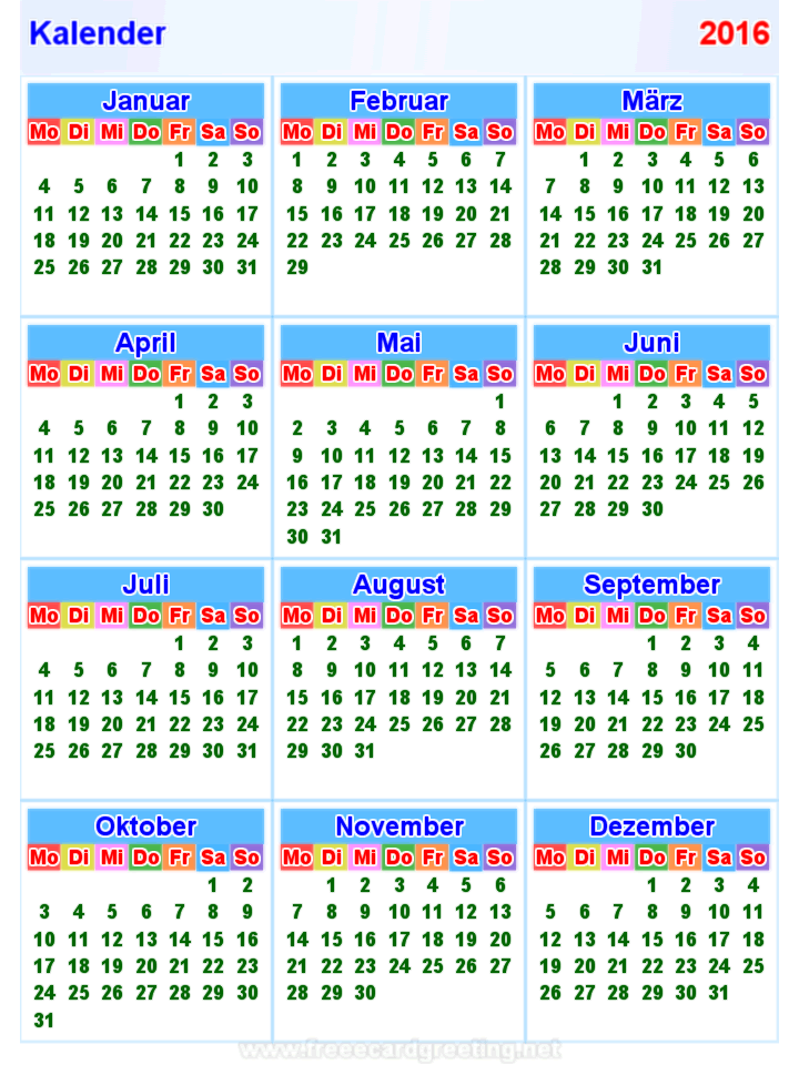 Kalender 2016 Vertikal