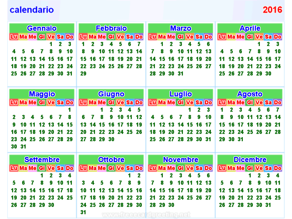 calendario 2016 orizzontale