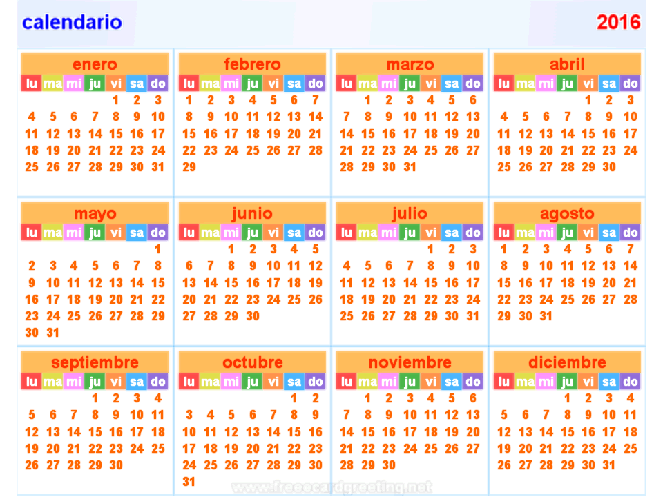calendario 2016Horizontal