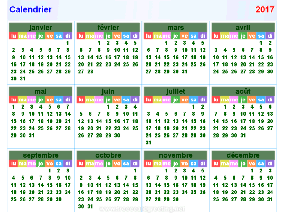 Calendrier 2017 horizontal