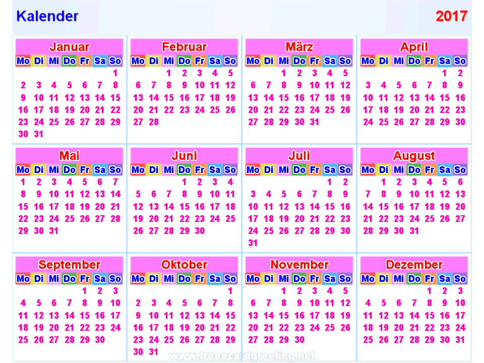 Kalender 2017 horizontal