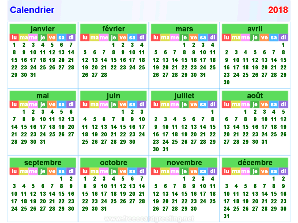 Calendrier 2018 horizontal