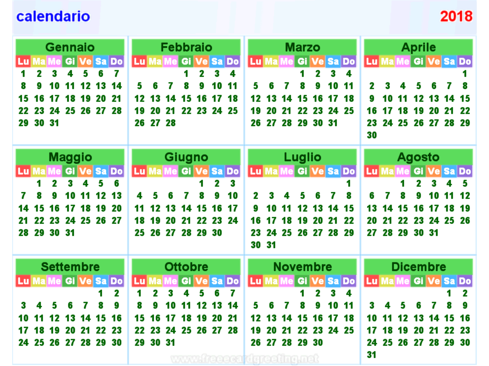 calendario 2018 orizzontale