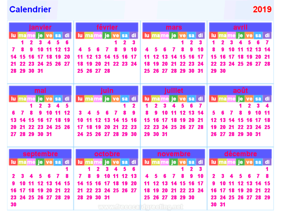 Calendrier 2019 horizontal