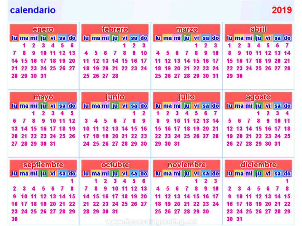 calendario 2019Horizontal