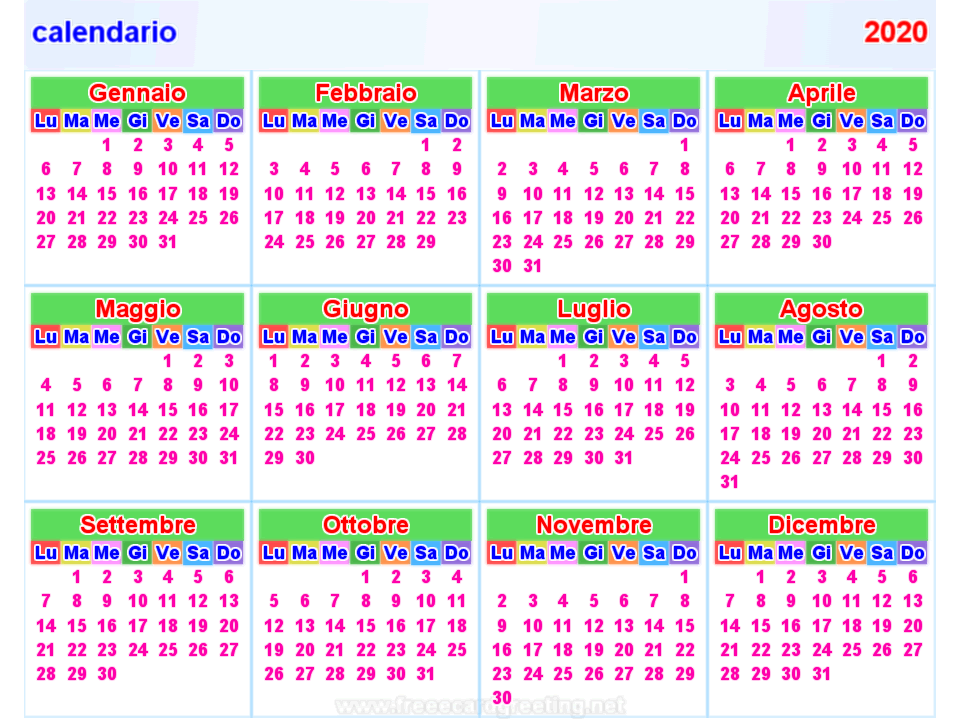 calendario 2020 orizzontale