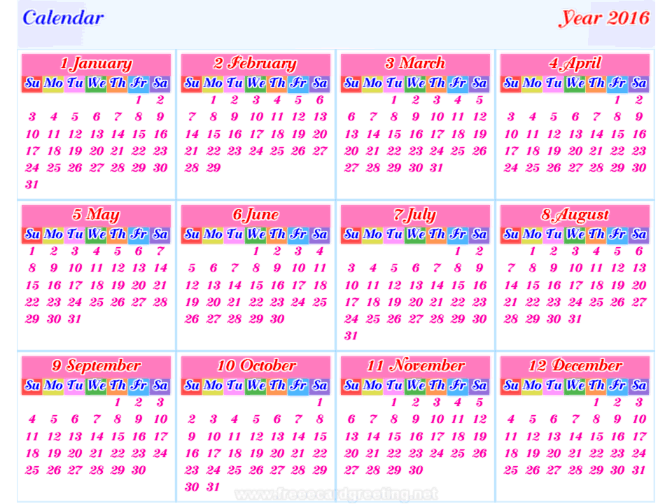 calendar 2016 horizontal