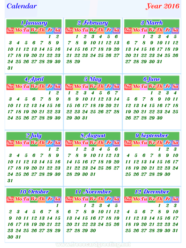 calendar 2016 vertical