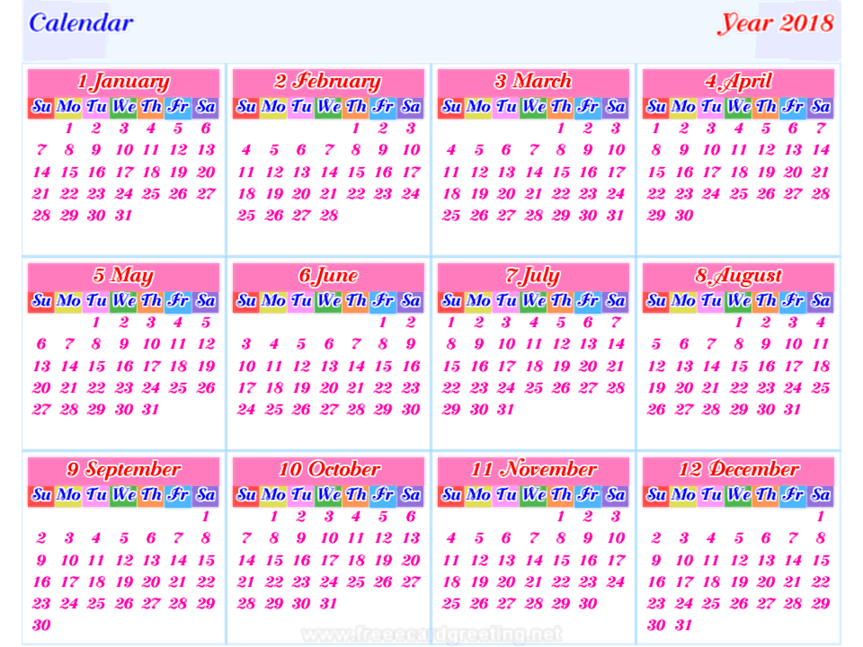 calendar 2018 horizontal