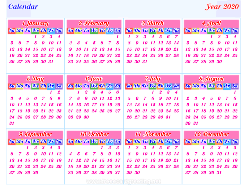 calendar 2020 horizontal
