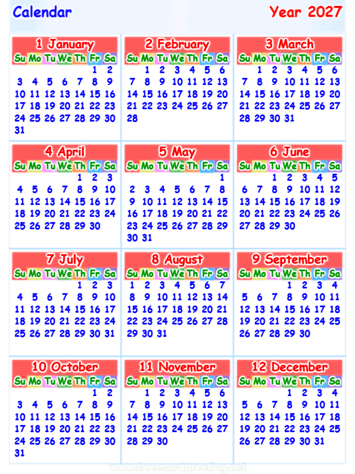 calendar 2027 vertical