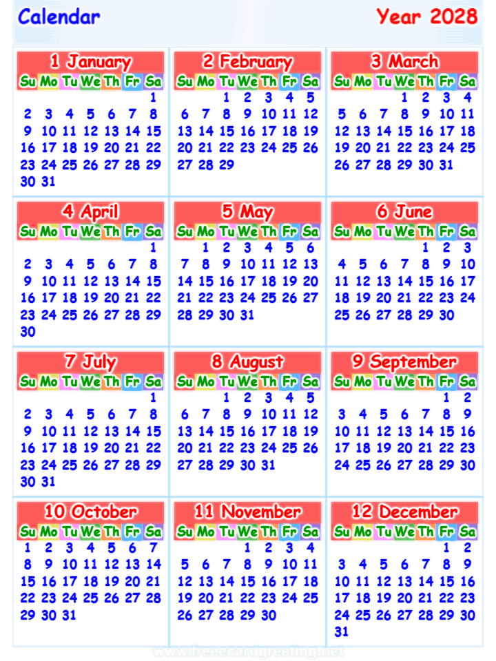 calendar 2028 vertical