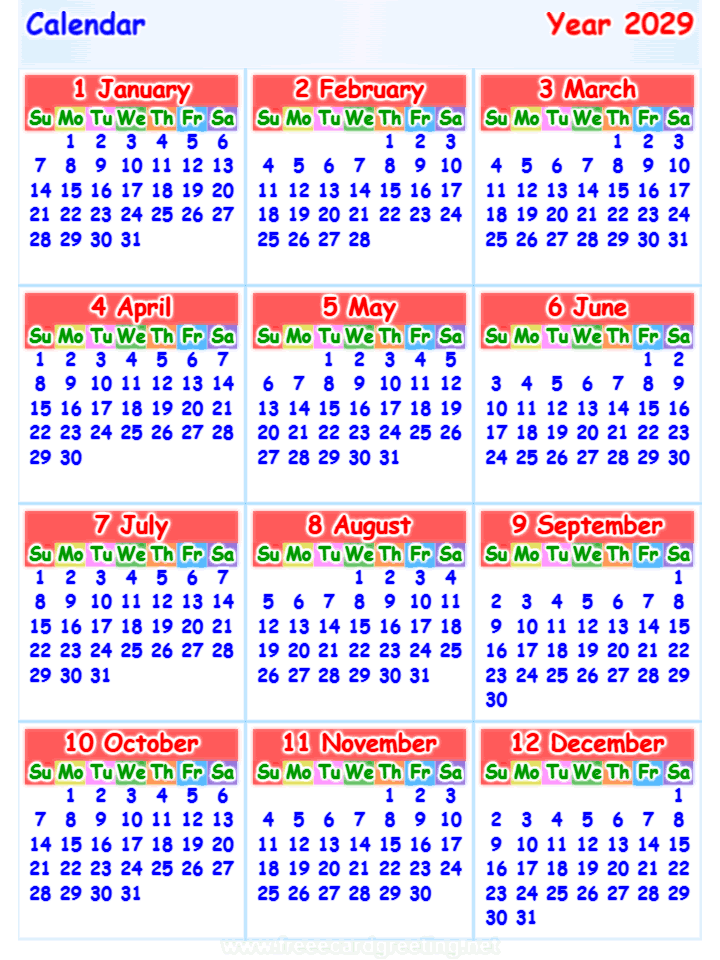 calendar 2029 vertical